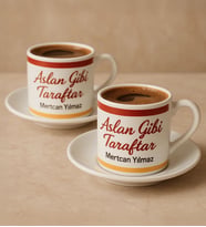 BK Gift Kişiye Özel Sarı Kırmızı Aslan Gibi Taraftar Tasarımlı 2'li Türk Kahvesi Fincanı-1, Taraftar Hediyesi, Doğum Günü Hediyesi, Arkadaşa Hediye