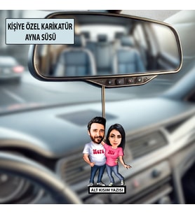 Kişiye Özel 2 Kişilik Sevgili Karikatürlü 10 cm MDF Araç Dikiz Aynası Süsü - Sevgiliye ve Eşe Hediye Çiftlere Özel Hediye