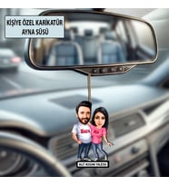 Kişiye Özel 2 Kişilik Sevgili Karikatürlü 10 cm MDF Araç Dikiz Aynası Süsü - Sevgiliye ve Eşe Hediye Çiftlere Özel Hediye