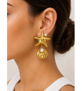 CM Jewelry İnci Detaylı Deniz Yıldızı ve Deniz Kabuğu Gold Çelik Küpe