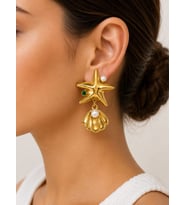 CM Jewelry İnci Detaylı Deniz Yıldızı ve Deniz Kabuğu Gold Çelik Küpe
