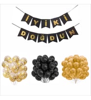SİYAH-GOLD-ŞEFFAF BALON+BANNER SETİ