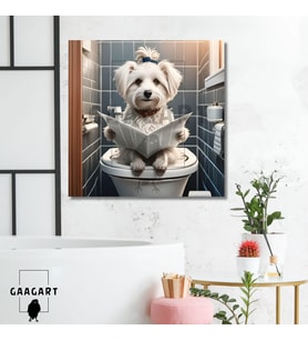 Tekli Kare Kanvas Banyo Tablosu Gazete Okuyan Tokalı Terrier