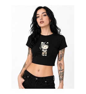 Kadın Baby Tee Crop Tişört Bandanalı Kedi Baskılı Street Style Slim Fit %100 Pamuk