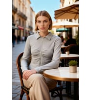 Kadın Bluz Polo Yaka Fermuarlı Büzgülü Uzun Kol Fitted Kalıp Örme İnterlok Dokuma Şık