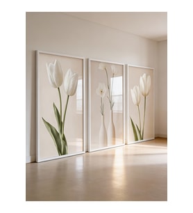 Minimal Beyaz Çiçek 3’lü Tablo Seti  Çerçeveli Modern Salon & Yatak Odası Duvar Tablosu(CAMSIZ)