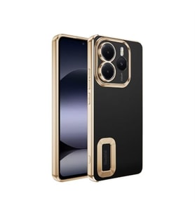 Coverzone Xiaomi Redmi Note 14 5G ile uyumlu K?l?f Kamera Korumal? Logo G�steren Parlak renk kenar �izgileri ile ??k bir tasar?m Colored Z-Omega Kapak Gold