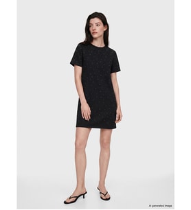 LCW Comfort Siyah Bisiklet Yaka Taşlı Mini Elbise