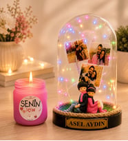 Kişiye Özel Yazılı 3 Fotoğraflı Renkli LED Işıklı Fanus (sırt sırta) ve Cam Kokulu Mum Seti