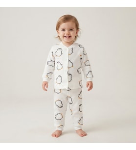 Erkek Çocuk Penguen Baskılı Önden Çıtçıtlı Uzun Kollu Pijama Takımı - 3 YAŞ / BEYAZ