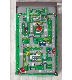 MEKTA HOME BEBEK VE ÇOCUK ODASI Şehir ve Yol Desenli Yeşil Yatak Örtüsü