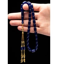 Erkek Altın Kaplama Gümüş Püsküllü 8x11mm Gece Mavisi Ateş Kehribar Tesbih (Çok Renkli)