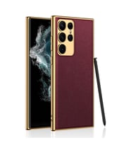 Lexroo Galaxy S23 Ultra Kılıf Deri Görünümlü Kenarları Elektroplating Kaplama Fizyon Kılıf - Kırmızı