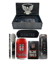 Beşiktaş Orjinal Lisanslı Kırmızı Kutu Kalemtraş Ahşap Kutulu 6'lı Kırtasiye Seti (Siyah-Gri)