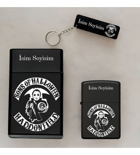 Sons of Halloween Desenli İsimli Çakmak,Metal Tabaka ve Anahtarlık Hediye Seti