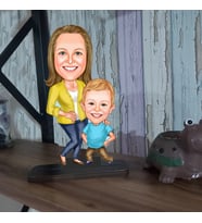 Kişiye Özel Motorlu Anne Oğul Karikatür Ahşap Biblo
