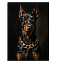 Altın Zincirli Doberman Köpek Portresi Dekoratif Kanvas - Mdf Ahşap Tablo