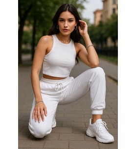 Kadın Beyaz Eşofman Altı - Yüksek Bel Oversize Rahat Kesim Bağcıklı Basic Eşofman Altı