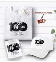 BK Gift 100. Yıl Hatırası Beyaz Tişört, Kupa Bardak, Şapka ve Metal Rozet Hediye Seti-6, 29 Ekim Hediyesi, Cumhuriyet Bayramı, 100.Yıl Hediyesi