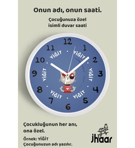 İsme Özel Korsan Kedi Çizimli Çocuk Odası Duvar Saati Orta Boy 30 cm Beyaz Camlı Sessiz
