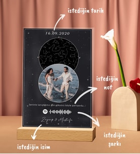 Kişiye Özel Tasarlanan Özel Gün Gökyüzü Haritası Fotoğraf ve Spotify Barkodlu Masaüstü Fotoğraf Çerçevesi