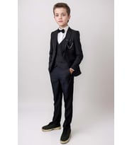 Erkek Çocuk Blazer Ceketli, Cepken Yelekli Siyah Takım Elbise 10-16 Yaş