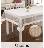 Otantik Model Krem 160x220 cm Keten İşlemeli Masa Örtüsü Dantelli Yemek Masası