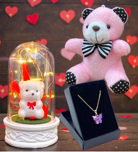 Tasarım Kelebek Kolye, Peluş Anahtarlık ve Led Işıklı Fanus Hediye Seti (Model 5)