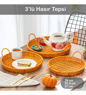 Porsima 710-A Yuvarlak 3'lü Dekoratif Ev Mutfak Düzenleyici Kulplu Hasır Sepet Seti Hasır Tepsi
