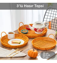 Porsima 710-A Yuvarlak 3'lü Dekoratif Ev Mutfak Düzenleyici Kulplu Hasır Sepet Seti Hasır Tepsi