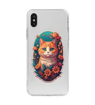 Iphone X ve XS Uyumlu Çiçek ve Kedi Tasarımlı Şeffaf Telefon Kılıfı