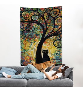 Ağaç Altındaki Siyah Kedi Duvar Örtüsü-7899