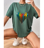 Unisex Sevimli Kedi Patili Kalp Tasarım Basklı Tshirt (Yeşil)