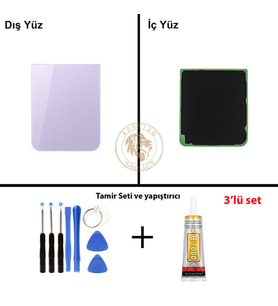 Samsung Galaxy Z Flip 5 Lavanta Renk Arka Kapak + Tamir Seti + B7000 Yapıştırıcı Arka Cam Batarya Kapağı Pil Kapağı Lazer Kesim Back Cover Galaxy Z Flip 5 Uyumlu