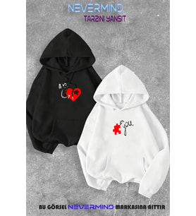 Sevgili Çift Kombini Me&You Puzzle Baskılı Kapüşonlu Sweatshirt 2li Set Takım (Siyah - Beyaz)