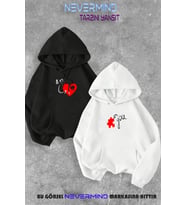 Sevgili Çift Kombini Me&You Puzzle Baskılı Kapüşonlu Sweatshirt 2li Set Takım (Siyah - Beyaz)