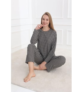 Kadın 20502-318 Uzun Kol Desenli Pijama Takımı SİYAH-BEYAZ