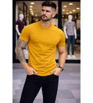 Erkek Body Tişört Bisiklet Yaka Slim Fit Likralı T-Shirt - Limon