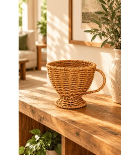 Atbyhome Doğal Hasır Rattan Kupa Formunda Ayaklı Sepet 15x13 cm - Kulplu Masa Üstü Ekmeklik Ve Meyvelik