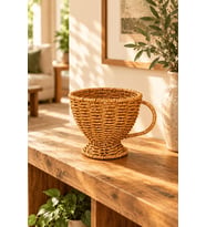 Atbyhome Doğal Hasır Rattan Kupa Formunda Ayaklı Sepet 15x13 cm - Kulplu Masa Üstü Ekmeklik Ve Meyvelik