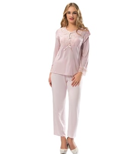 Sistina Bayan Ekru Dantelli Penye Uzun Kollu Pijama Takımı 1567