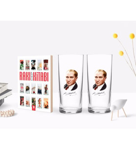 BK Home Renkli Baskılı Atatürk Temalı İkili Rakı Bardağı ve Rakı Cep Kitabı Hediye Seti-12 (Model 1)