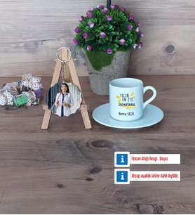 Doktor Türk Kahvesi Fincanı Ahşap Altlıklı ve Fotoğraflı Ahşap Anahtarlık Hediye (Model 2)
