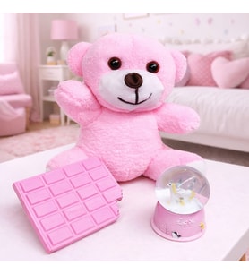 Pembe Peluş Ayıcık, Kar Küresi Ve Pembe Çikolata Not Defteri Hediye Seti