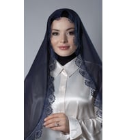 Bej Namaz Başörtüsü Şal Şifon Kumaş Güpürlü 202106_12 (Lacivert)