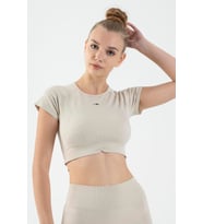 Maraton SlimFit Kadın Bisiklet Yaka Bej- Crop Top
