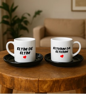 BK Gift Kişiye Özel Eltim de ELTİM - Eltoşum da ELTOŞUM Tasarımlı 2'li Siyah Tabaklı Türk Kahvesi Fincan Takımı-1