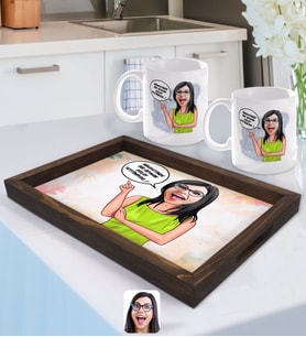 BK Gift Kişiye Özel Kadın Nihayetinde Karikatürlü Doğal Ahşap Tepsi ve 2’li Kupa Bardak Seti-5