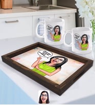 BK Gift Kişiye Özel Kadın Nihayetinde Karikatürlü Doğal Ahşap Tepsi ve 2’li Kupa Bardak Seti-5