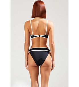 Kadın Bikini Takımı Straplez Balensiz Yüksek Bel Slip Alt Kontrast Şerit Detaylı Örme Raşel Kumaş